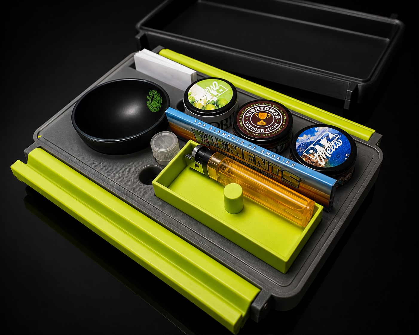 5STAR Box open at an angle showing the bowl, grinders, papers, tips and lighter