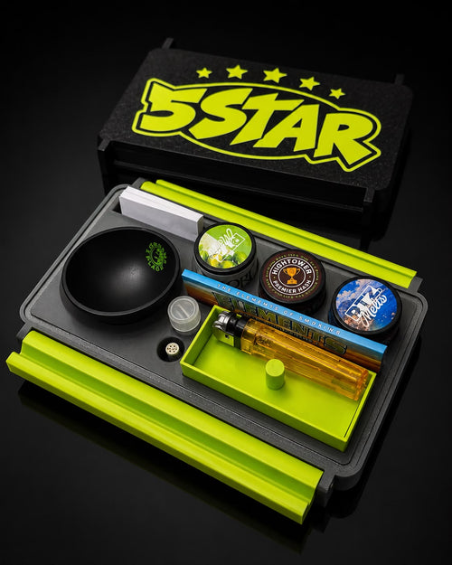 5STAR Box open with the logo lid raised, showing the fitted tray of smoking accessories